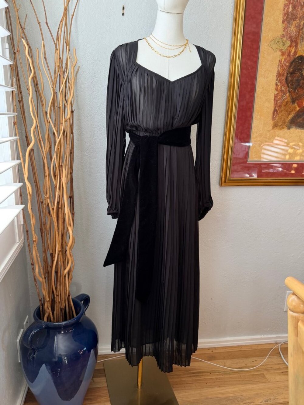NWT The Kooples Black Pleated Maxi Dress Size 6 -8 Velvet Sash